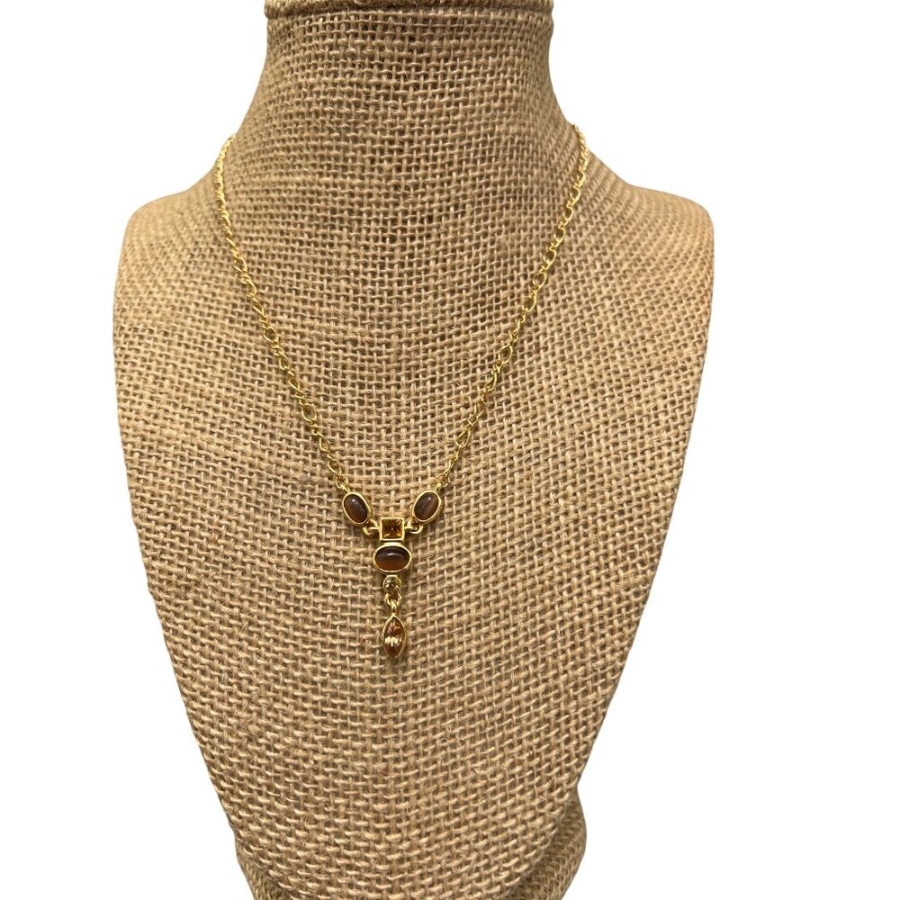 Gold Tone Y Necklace Brown Yellow Rhinestones Cats Eye Adjustable 15-17" NWOT
